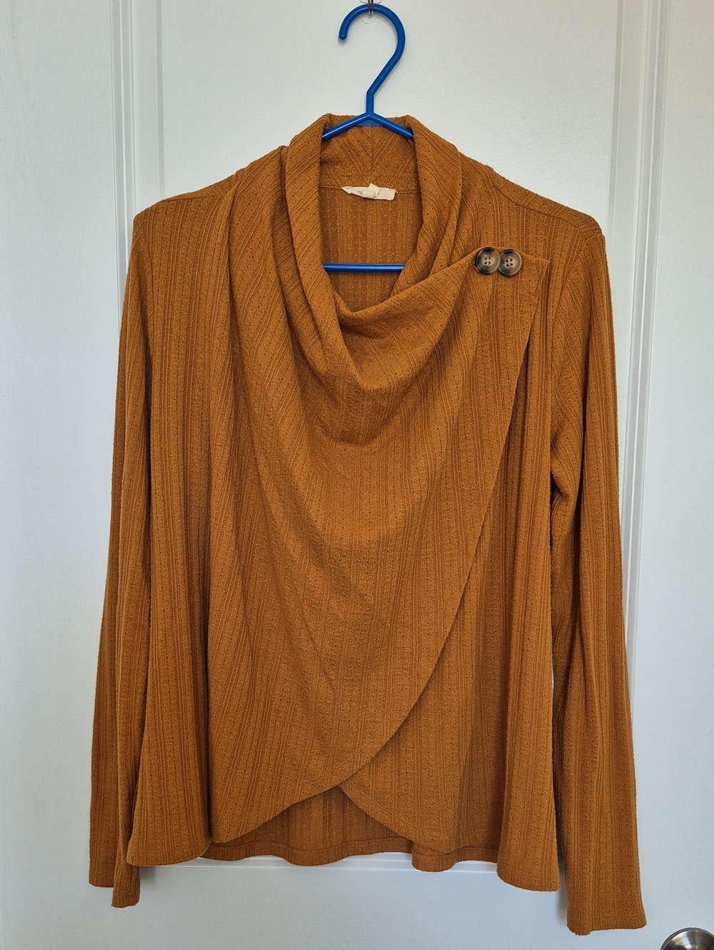 Maurices Mustard Cowl-Neck Draped Sweater with Shoulder Buttons